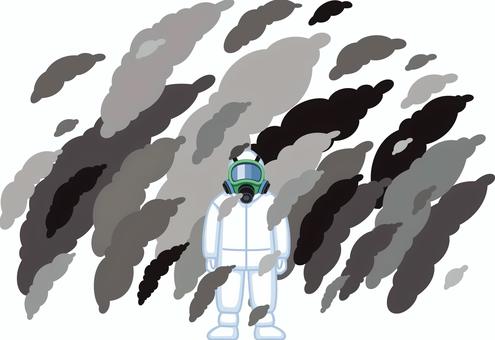 毒ガスの中完全防備の防護服で立つ人 煙,毒ガス,煤煙,事故,災害,現場,公害,ガス,大気汚染,煤のイラスト素材