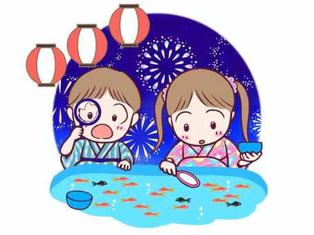 金魚すくいする子どもたち 金魚すくい,金魚,子ども,祭り,夏祭り,縁日,イベント,ポイ,浴衣,提灯のイラスト素材