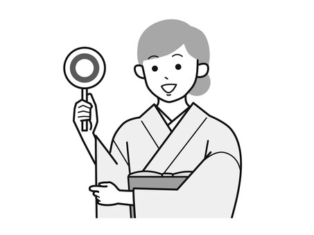マルの札を持った着物女性A左向／白黒 丸,札,笑顔,女性,お母さん,着物,講師,20代,30代,40代のイラスト素材