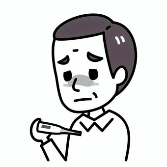 シニア男性　発熱　白黒 発熱,高齢者,白黒,検温,風邪,病気,症状,体温計,シニア,お年寄りのイラスト素材