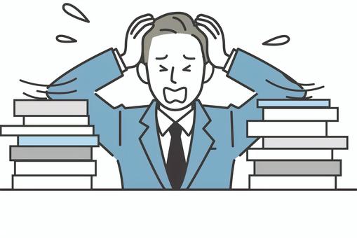 仕事が多すぎて頭を抱えるサラリーマン 人物,ビジネス,男性,会社員,悩む,困る,困った,不安,心配,ストレスのイラスト素材