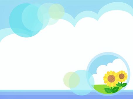 ひまわりの風景イラスト 夏,ひまわり,花,植物,雲,入道雲,空,晴れ,光,水色のイラスト素材