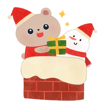煙突から雪だるまとくまサンタ クリスマス,煙突,くま,雪だるま,動物,サンタ,帽子,プレゼント,冬,絵本のイラスト素材