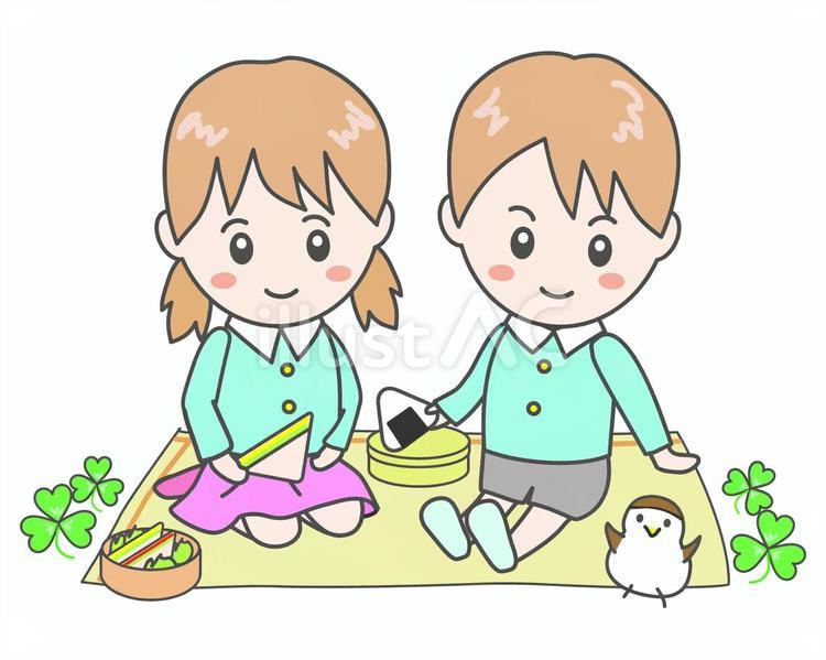 遠足でお弁当を食べる男の子と女の子 遠足,男の子,女の子のイラスト素材
