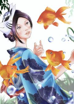 金魚すくい 金魚すくい,金魚,女性,人物,浴衣のイラスト素材