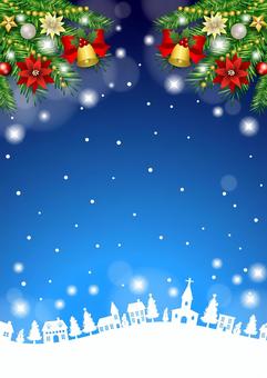 Christmas2594 Christmas2594 町並み,雪だるま,家,ベル,リボン,ポインセチア,クリスマス,飾り,あしらい,オーナメントのイラスト素材