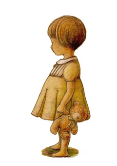 テディベアを持つ黄色ワンピースの女の子　 少女,テディベア,くま,ぬいぐるみ,素朴,色鉛筆,手描きのイラスト素材