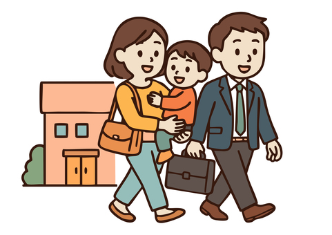 家族が一緒に登園・出勤するイラスト 家族,父親,母親,子ども,パパ,ママ,男の子,親子,笑顔,歩くのイラスト素材