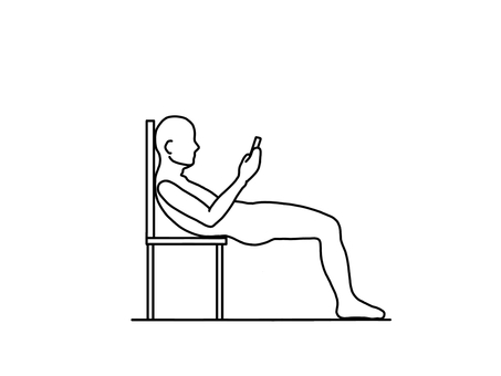 椅子からほぼずり落ちてスマホを見る人 座位,スマホ,悪姿勢,だらしない,脱力,横向き,線画,白黒のイラスト素材
