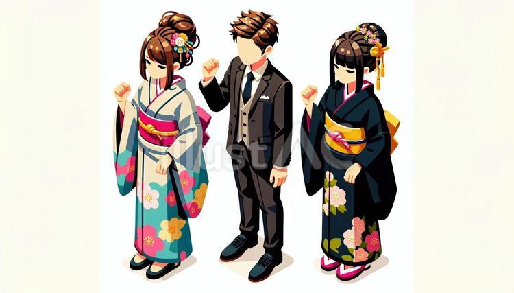 成人式晴れ着の男女と着物・振り袖とスーツ 晴れ着,成人式,女性のイラスト素材