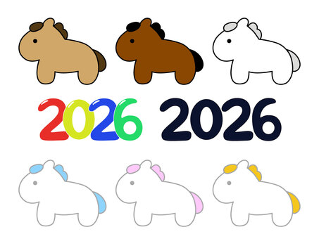 馬のセット 馬,うま,干支,2026,年賀状,ゆるい,ほんわか,かわいい,メルヘン,絵本風のイラスト素材