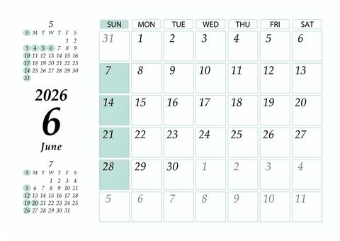 2026 6月 日曜始 カレンダー 横 カレンダー,2026年,2026,令和8,r8,6月,6,june,a4,マンスリーのイラスト素材