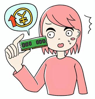 桃色の女の子がメモリ高くて驚く ピンク,手描き,メモリ,ram,パソコン,pc,pcパーツ,自作pc,パソコン部品,メモリ価格のイラスト素材