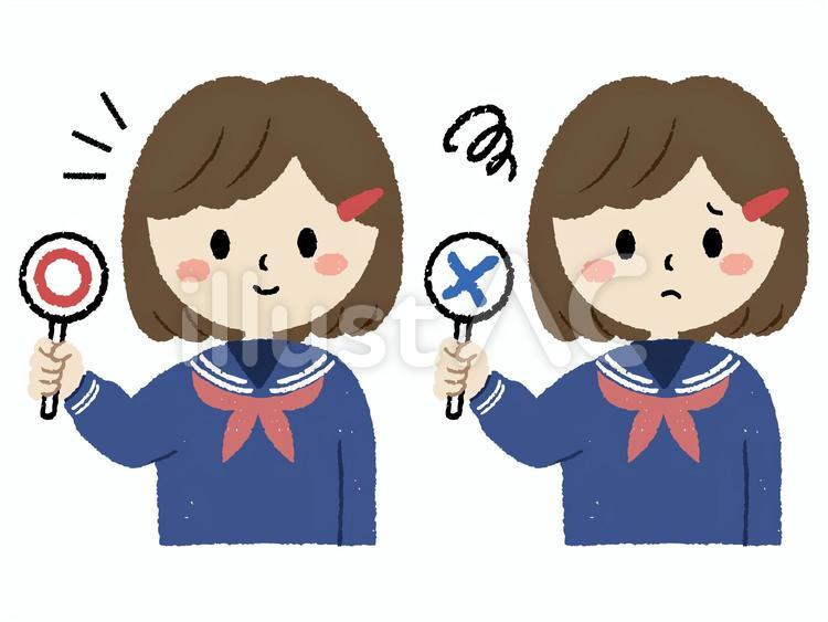 手描きの学生　女の子　マル　バツ 人,人物,学生のイラスト素材