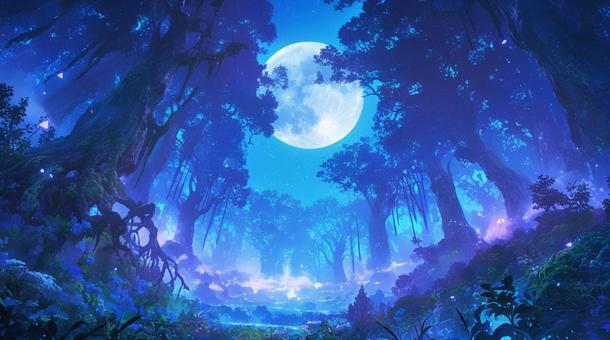 満月と幻想的な森
