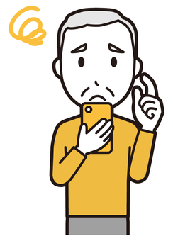  ロンTお爺さん(黄)-007-バスト スマホ,困る,お爺さん,高齢者,老人,男性,祖父,人物,かわいい,悩むのイラスト素材