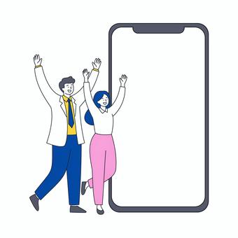 スマホ横で喜ぶビジネス男女 スマホ横で喜ぶビジネス男女 人物,スマホ,男性,女性,笑顔,喜び,スーツ,デバイス,通信,情報のイラスト素材