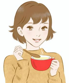 スープを飲む女性からし色 スープ,飲む,食事,女性,カップ,スプーン,ポタージュ,朝食,秋,冬のイラスト素材