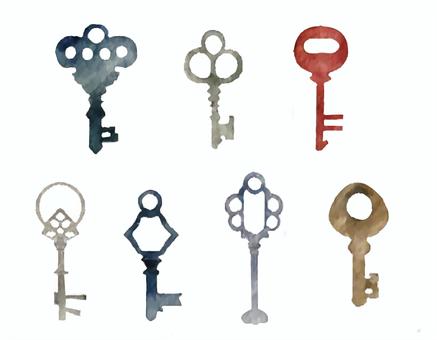 アンティ―クな鍵のシルエットセット 鍵,アンティーク,キー,開ける,開く,セット,レトロ,赤,青,ブラウンのイラスト素材