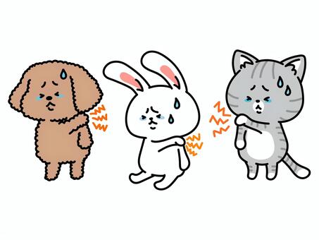肩こりに悩むかわいい犬猫兎トリオ いぬ,ねこ,うさぎ,肩こり,首こり,筋肉痛,肉体疲労,運動不足,整体,接骨院のイラスト素材