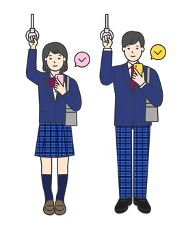電車でつり革につかまる制服姿の学生 つり革,スマートフォン,電車,女子高生,男子高生,高校生,中学生,学生,生徒,通学のイラスト素材