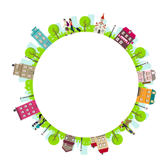 円形のと街並み・建物 イラスト 街,都市,街並み,旅行,建物,風景,グローバル,海外,観光,住居のイラスト素材