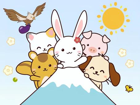 うさぎさんたち（一富士二鷹三茄子） うさぎ,りす,いぬ,ぶた,ねこ,富士山,鷹,なす,初夢,新年のイラスト素材