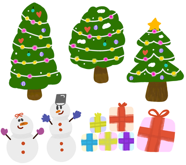 クリスマスツリーと雪だるまセット クリスマス,クリスマスツリー,ツリー,雪だるま,プレゼント,プレゼントボックス,贈り物,12月,冬,行事のイラスト素材
