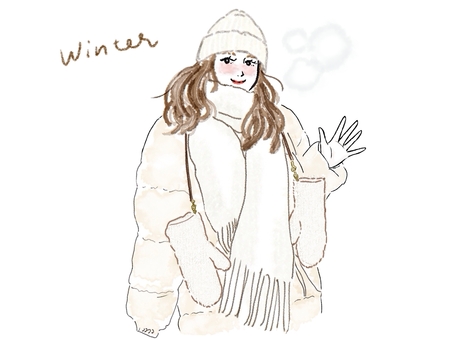 冬に手を振る女性 女性,バイバイ,冬,マフラー,冬服,手袋,ニット帽,コート,寒い,真冬のイラスト素材