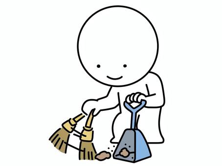 塵取りに箒でゴミを入れる棒人間 ほうき,ちりとり,棒人間,掃除,ゴミ,埃,箒,塵取り,かわいい,シンプルのイラスト素材