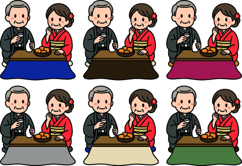 こたつに座る人です。 こたつ,シンプル,正月,みかん,男性,女性,冬,和風,家族団らん,ほっこりのイラスト素材