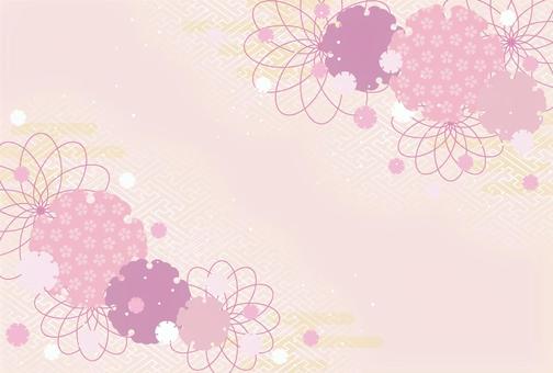 和柄雪輪に花をあしらったハガキサイズ横 背景,和風,和柄,雪輪,紗綾形,花,ピンク,桜,かすみ,年賀状のイラスト素材