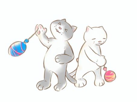 ヨーヨーで遊ぶ猫たち 猫,水ヨーヨー,お祭り,縁日,ヨーヨーすくい,なかよし,手描き,カットイラスト,挿絵,動物のイラスト素材