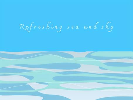 夏の爽やかな海と空のイラスト 夏,海,空,青空,波,水面,水,爽やか,清々しい,フラットデザインのイラスト素材