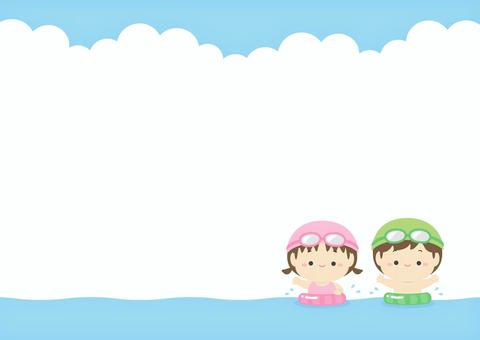 夏の海と海水浴の子供、夏の背景素材 夏,海,波,背景,フレーム,プール,夏休み,小学生,子ども,泳ぐのイラスト素材