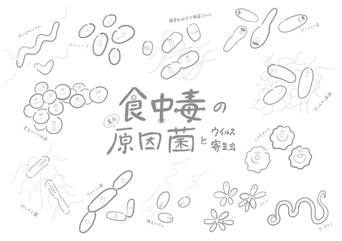 食中毒の主な原因菌＿モノクロ線画 食中毒,菌,ウイルス,寄生虫,カンピロバクター,腸管出血性大腸菌,o157,ボツリヌス,エルシニア,ブドウ球菌のイラスト素材