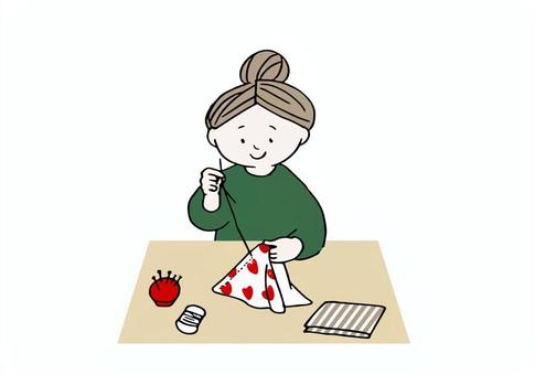 縫い物をする女性 人物,生活,女性,縫製,笑顔,主婦,ママ,縫い物,裁縫,洋裁のイラスト素材