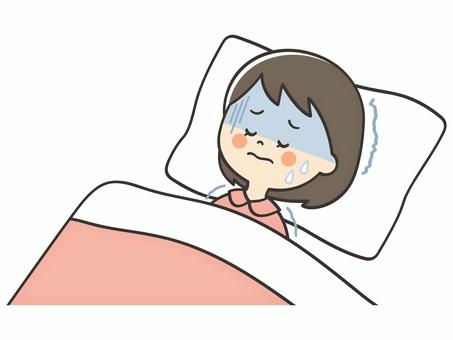 体調不良で寝込む女の子 風邪,熱,発熱,病気,寝込む,寝苦しい,うなされる,苦しい,しんどい,寒いのイラスト素材