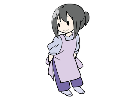 女性　エプロン 女性,黒髪,エプロン,ズボン,ユーモア,白背景,背景透過,ゆるかわ,かわいい,シーンのイラスト素材