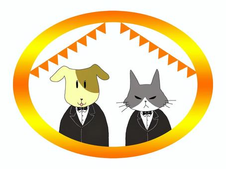 犬猫のお祝いイメージイラスト 犬猫のお祝いイメージイラスト 犬,猫,お祝い,蝶ネクタイ,スーツ,フレームのイラスト素材