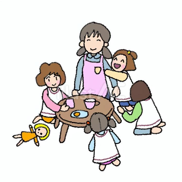 幼稚園での遊び 先生とおままごと 人物,5人,子どもたちのイラスト素材