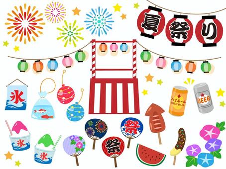 夏祭りセット お祭り,夏祭り,花火,星,提灯,盆踊り,屋台,かき氷,金魚,金魚すくいのイラスト素材