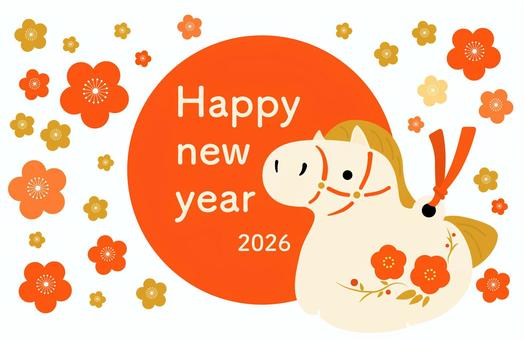 2026年　和花と馬の年賀状素材　1 午年,午,2026年,2026,馬,馬年,年賀状,お正月,１月,冬のイラスト素材