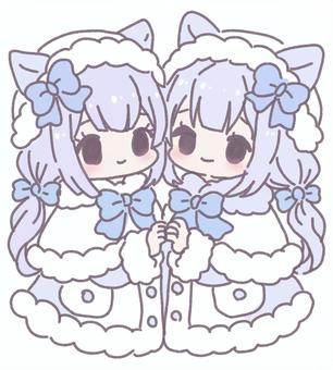 猫耳ポンチョで双子コーデ 猫耳,フード,ポンチョ,ファッション,コーデ,服,上着,防寒,冬,コートのイラスト素材