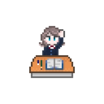 ドット絵の質問する女子学生 ブレザー ドット絵,ピクセル,手,上げる,挙手,返事,はい,やる気,質問,勉強のイラスト素材