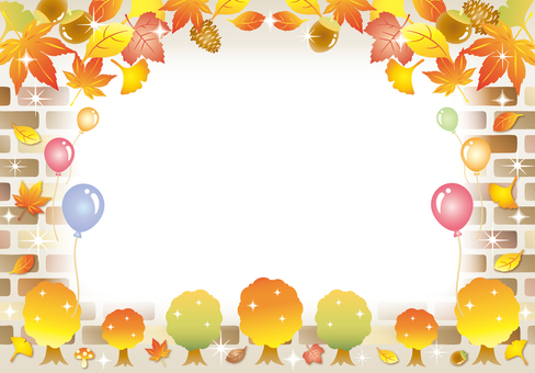 秋の紅葉並木レンガフレーム 紅葉,秋,キラキラ,かわいい,レンガ,フレーム,カード,背景,壁紙,森のイラスト素材