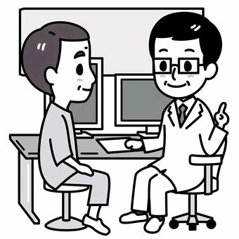 シニア男性患者を診察する男性医師　白黒 診察,白黒,医療,説明,シニア,男性,医者,インフォームドコンセント,患者,椅子のイラスト素材