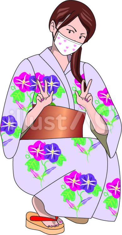 ピース　浴衣　女性　朝顔　マスク ピース,浴衣,祭りのイラスト素材