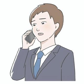 電話をかける困り顔の社会人男性のイラスト 社会人,新社会人,ビジネス,仕事,電話,スマホ,携帯,話す,マン,パーソンのイラスト素材