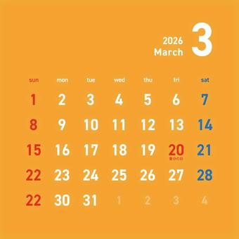 2026カレンダーC1 3月 243 カレンダー,2026年,3月,弥生,march,春分の日,令和8年,日曜始まり,スケジュール,月のイラスト素材